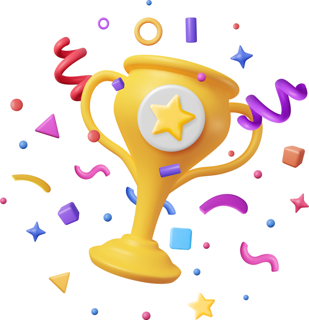 3D Golden Champion Trophy with Confetti.